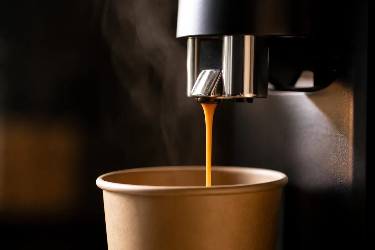 Gros plan sur un café coulant dans une tasse en carton depuis une machine automatique