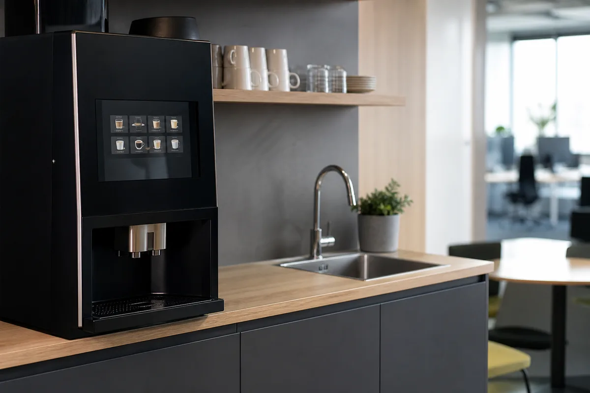 Coin pause d&rsquo;entreprise avec distributeur de boissons chaudes et point d&rsquo;eau