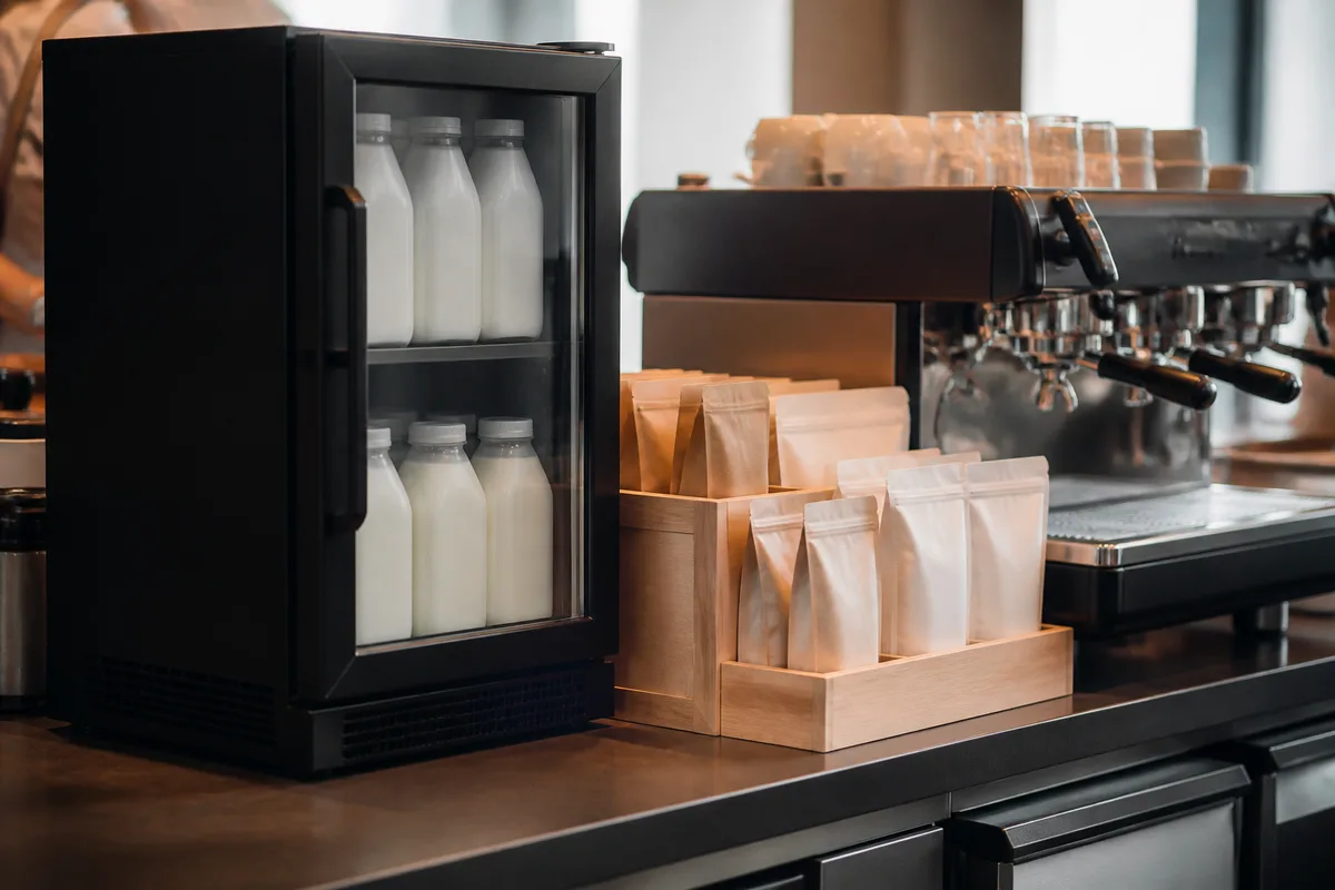 Réfrigérateur à lait et sachets de poudre stockés près d&rsquo;une machine à café professionnelle