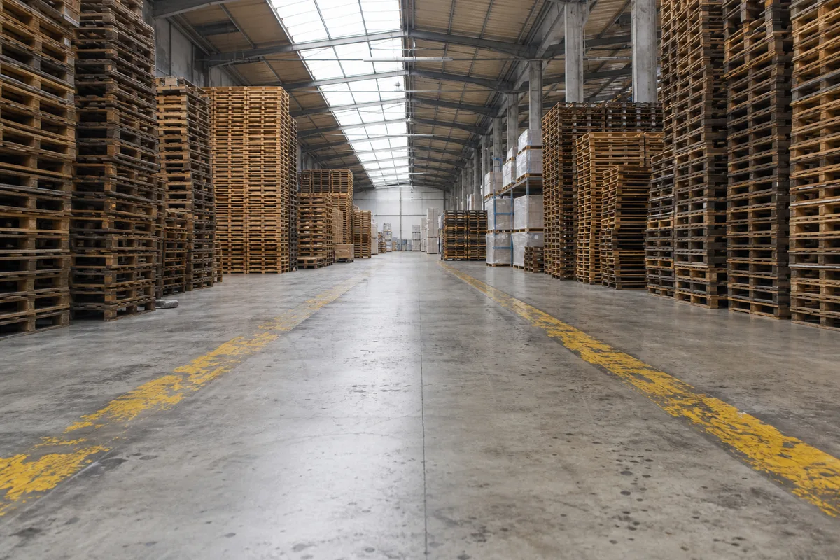 Allée centrale d’un entrepôt logistique français avec palettes de bois vides empilées sur les côtés