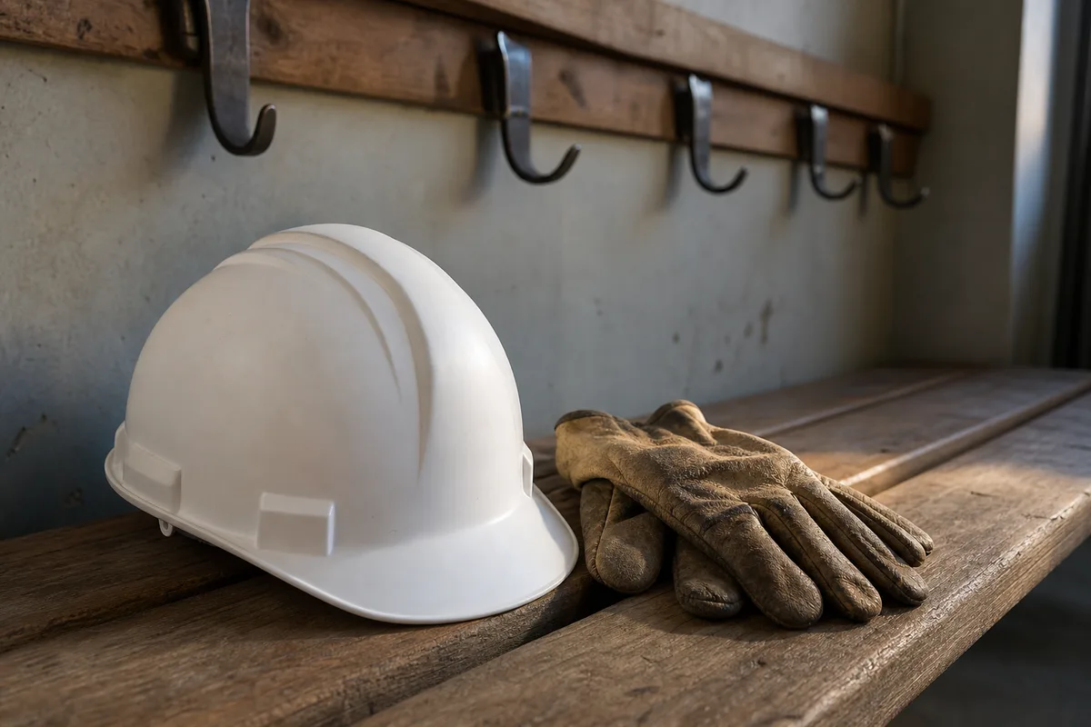 Casque de chantier blanc uni et gants de travail posés sur un banc de bois dans un vestiaire d’atelier