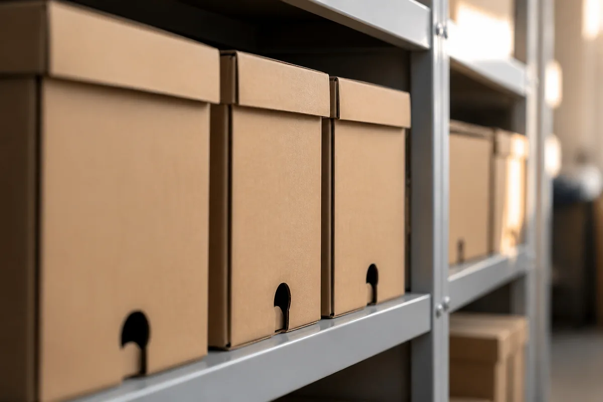 Boîtes d&rsquo;archives en carton kraft alignées sur une étagère métallique dans une réserve