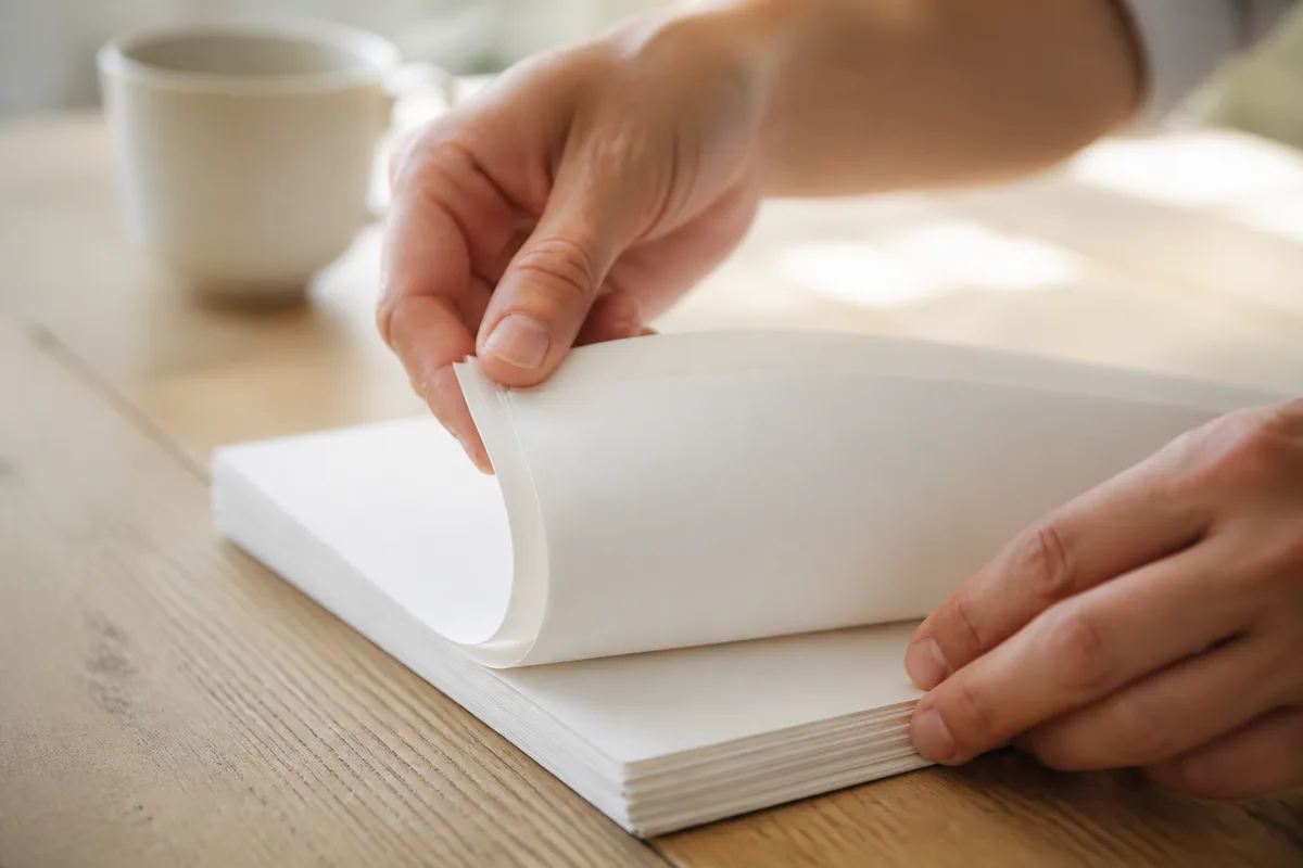 Mains feuilletant une liasse de feuillets vierges sur un bureau en bois clair