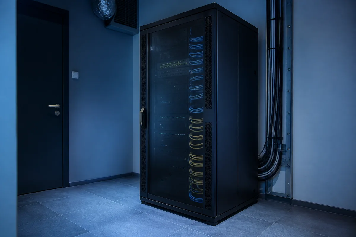 Baie informatique fermée dans un local technique de petite entreprise, lumière bleutée