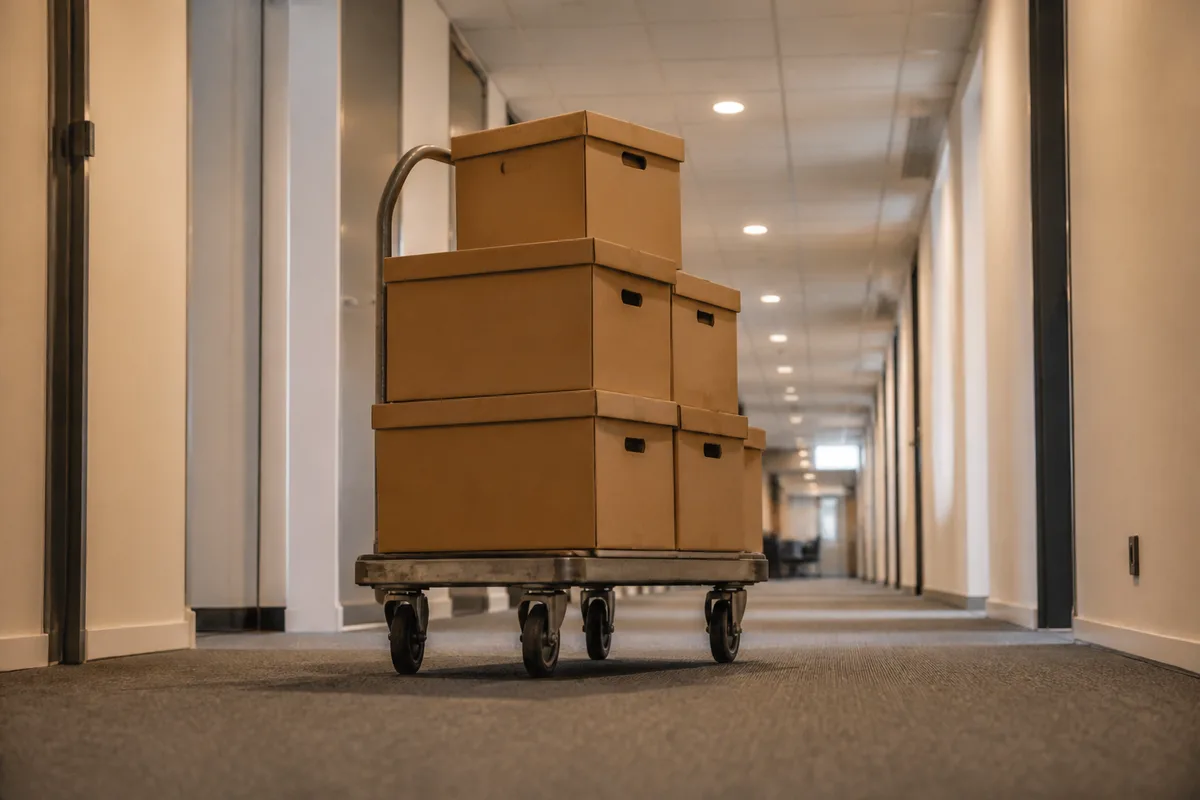 Chariot de manutention chargé de boîtes d&rsquo;archives dans un couloir de bureaux