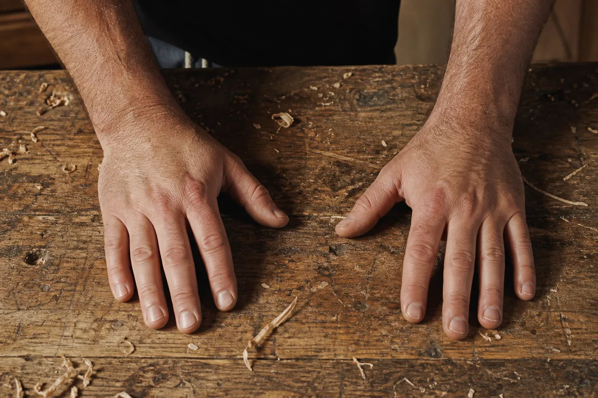 Mains posées à plat sur un établi en bois usé dans un atelier éclairé par la lumière du jour
