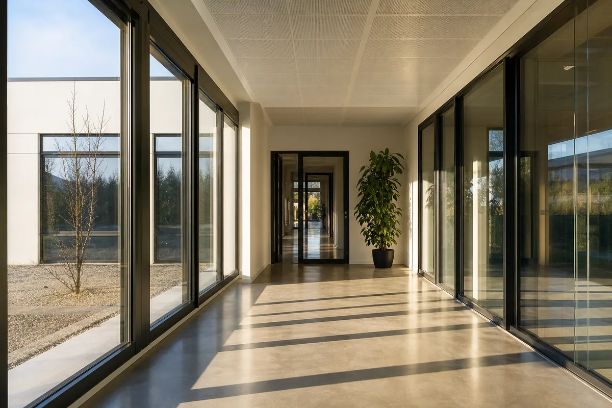 Couloir vitré d&rsquo;un petit bâtiment d&rsquo;entreprise traversé par la lumière naturelle