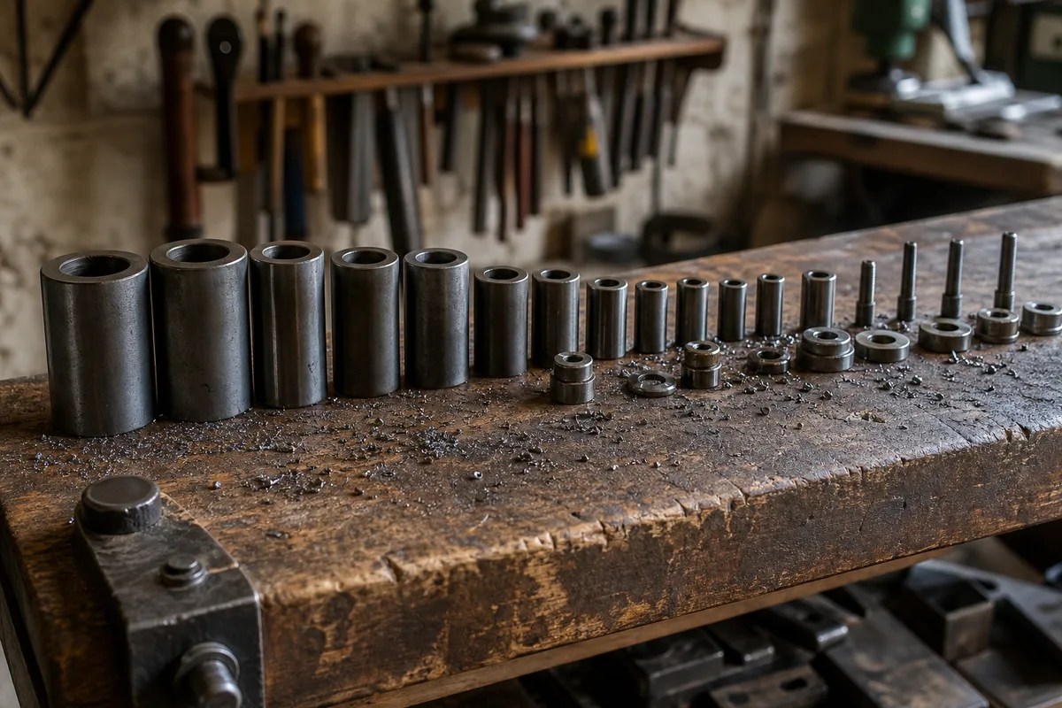 Atelier de fabrication français avec établi en bois et pièces métalliques rangées par taille