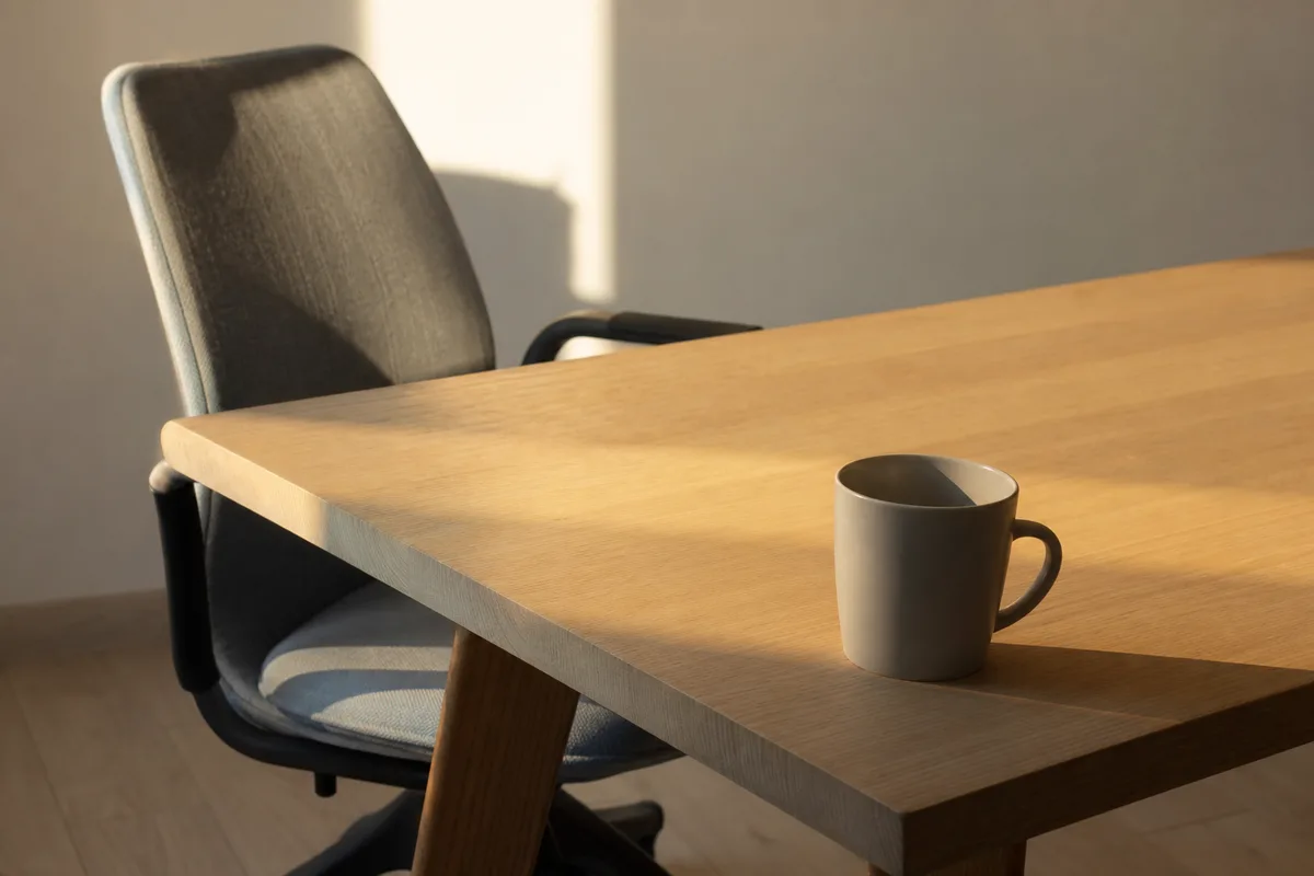 Bureau en bois clair d’une PME française avec fauteuil vide et lumière rasante de fin de journée