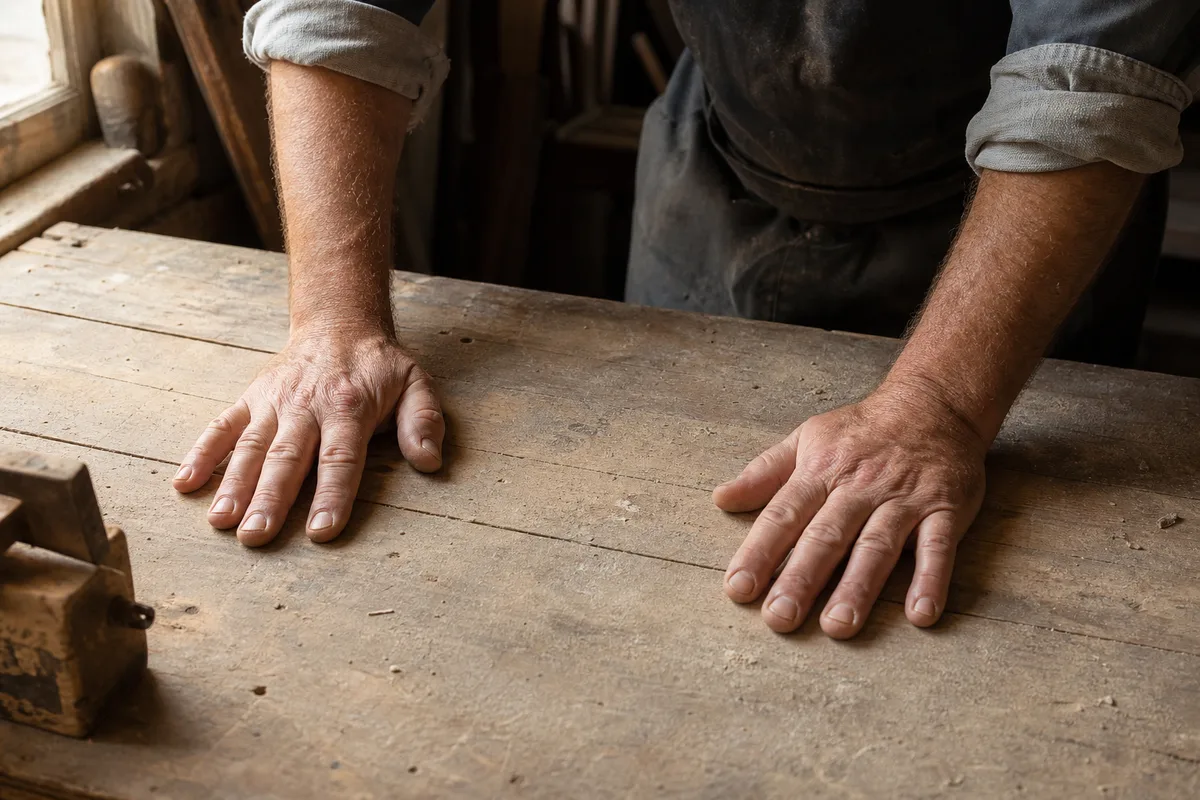 Mains d’un artisan posées à plat sur un plan de travail en bois nu dans un atelier français