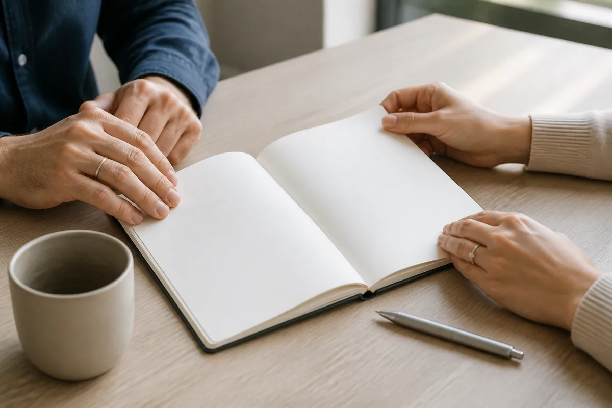 Poignée de main au-dessus d&rsquo;une table de réunion en bois clair, dossiers fermés et carnet posés à côté