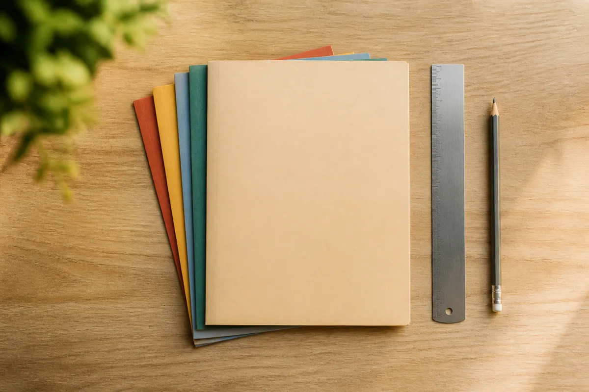 Deux paires de mains autour d&rsquo;un carnet ouvert aux pages vierges sur une table de bureau claire