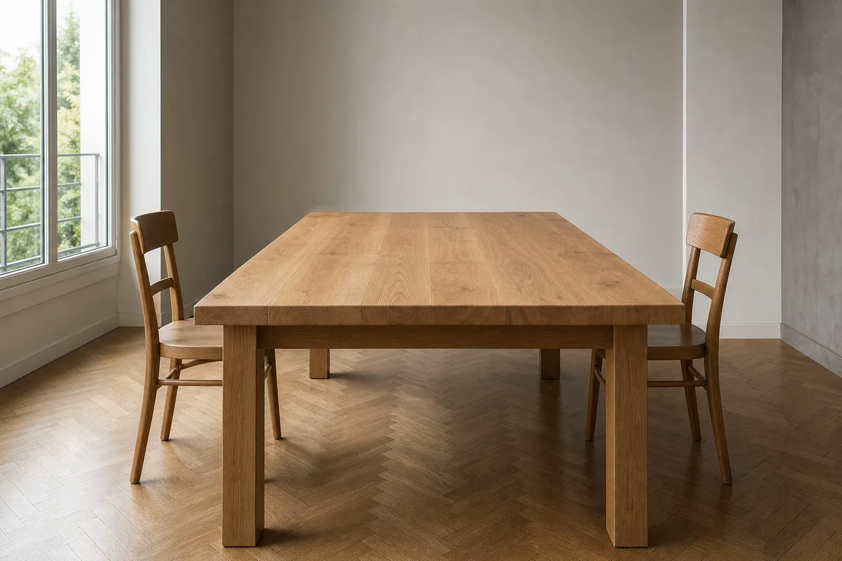 Table de réunion en chêne dans un bureau français vide éclairé par une grande fenêtre