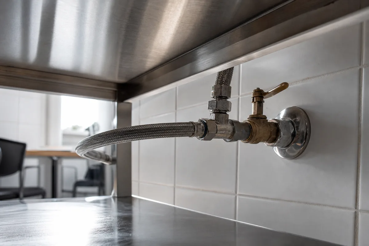 Arrivée d’eau et flexible tressé sous un plan de travail en inox dans une salle de pause d’entreprise