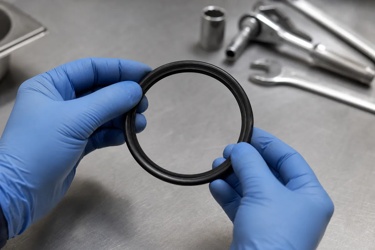 Mains gantées de nitrile tenant un joint circulaire en caoutchouc au-dessus d’un plan de travail en inox nu