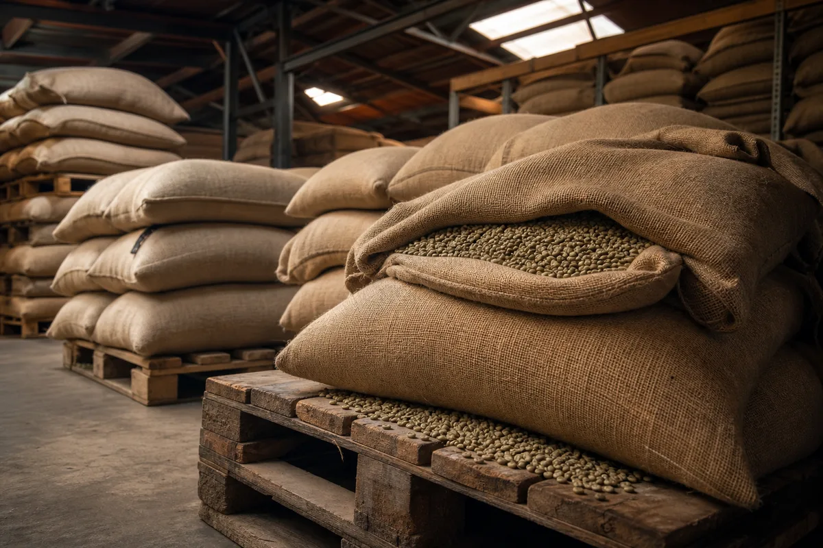 Sacs de grains de café verts empilés dans un entrepôt de torréfaction