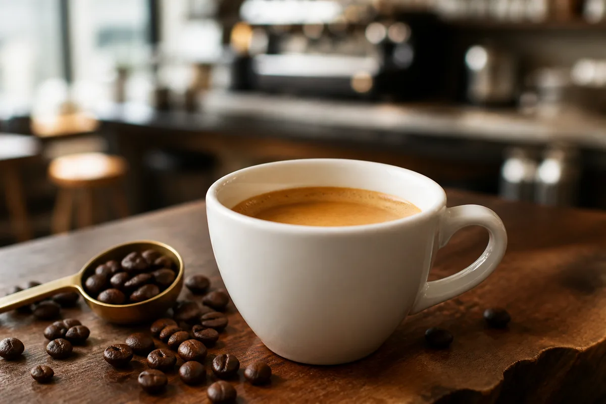 Tasse d’espresso posée sur un comptoir en bois à côté de grains de café torréfiés
