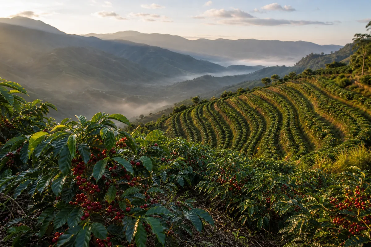Plantation de caféiers en terrasses sous une lumière de fin de journée