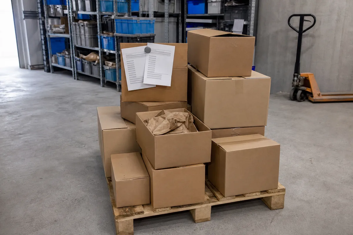 Cartons de marchandises et bons de livraison empilés dans la réserve d’une petite entreprise française