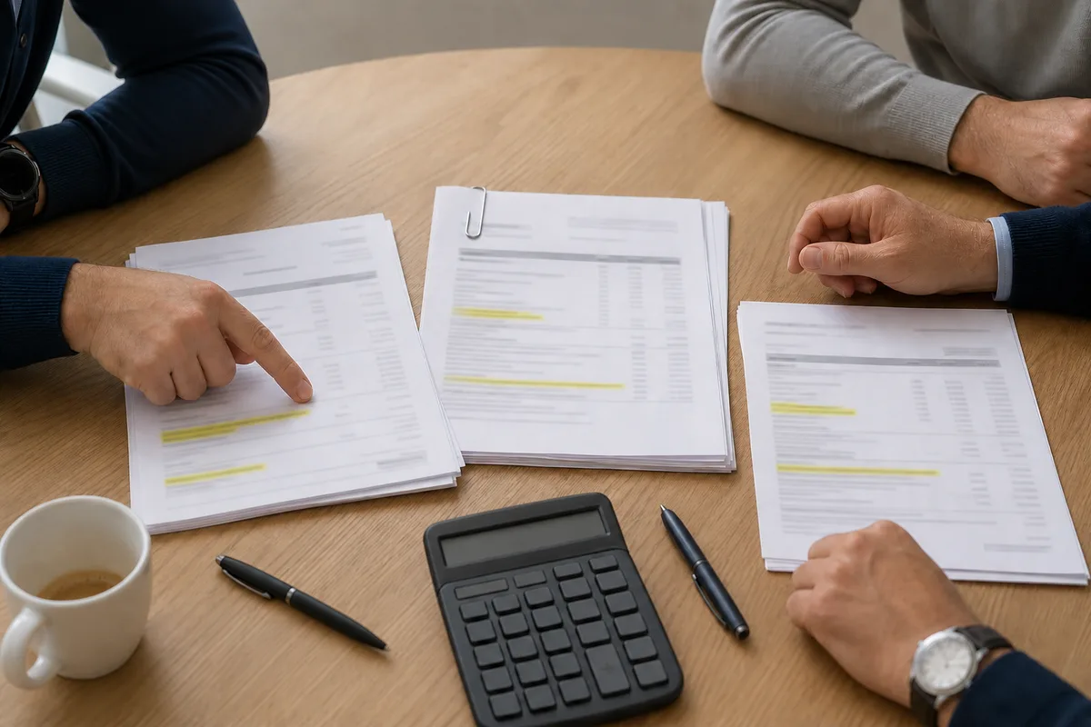 Deux professionnels comparant des devis papier et un contrat cadre sur une table de réunion