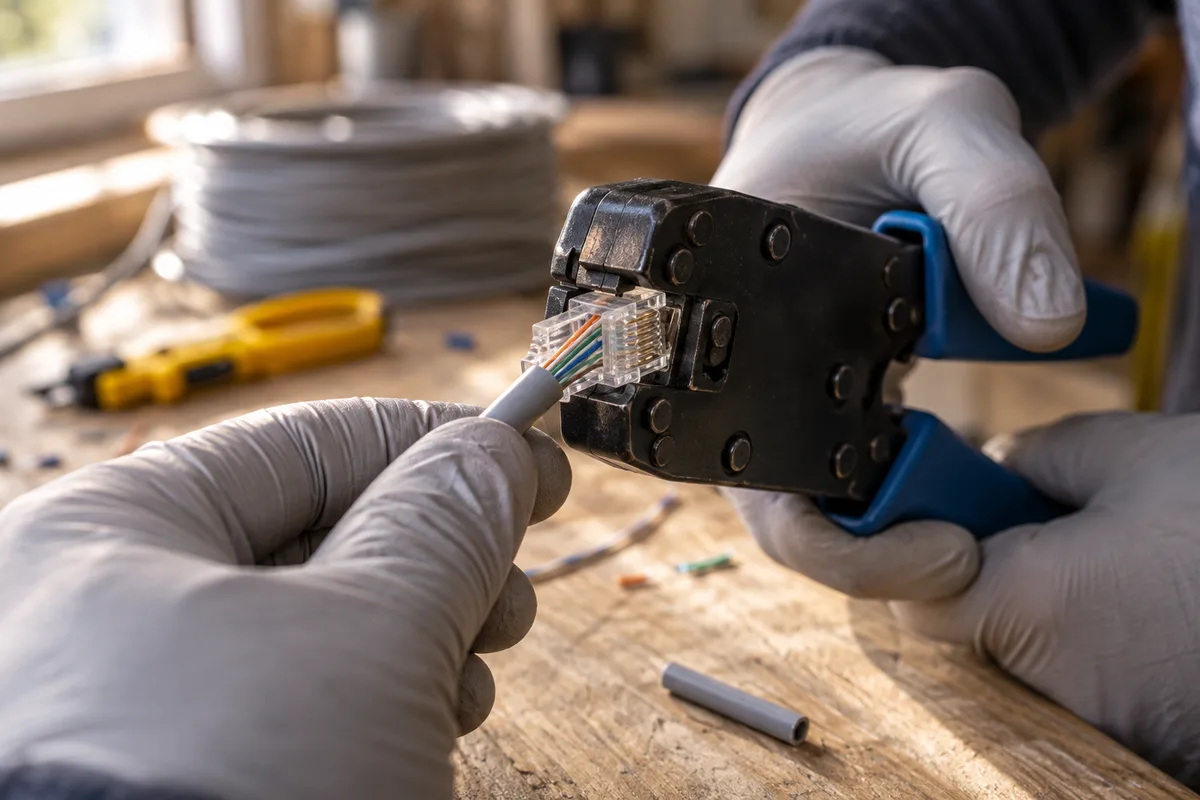 Mains d&rsquo;un technicien sertissant un connecteur RJ45 sur un câble réseau