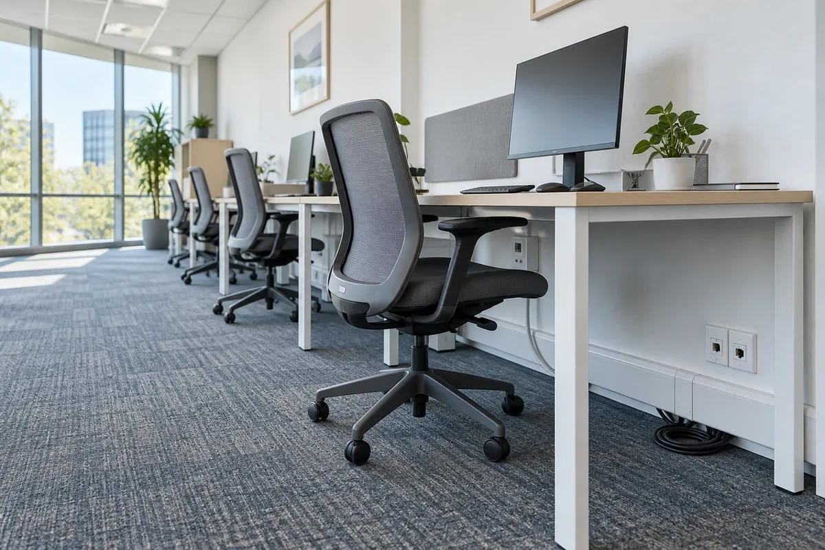 Bureaux vides en open space avec prises réseau murales et goulottes