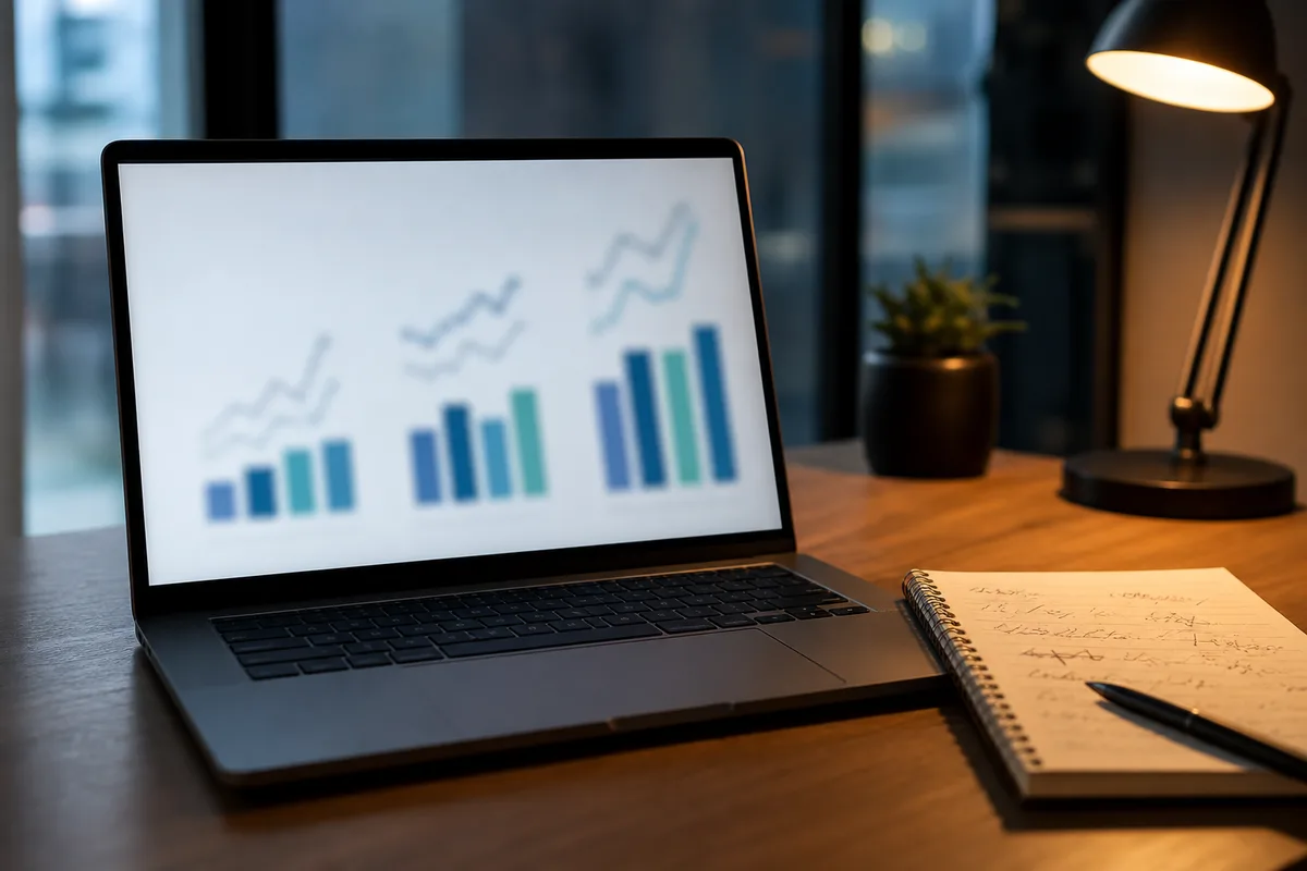 Graphique d’évolution de ratios financiers sur trois exercices affiché sur un écran de bureau