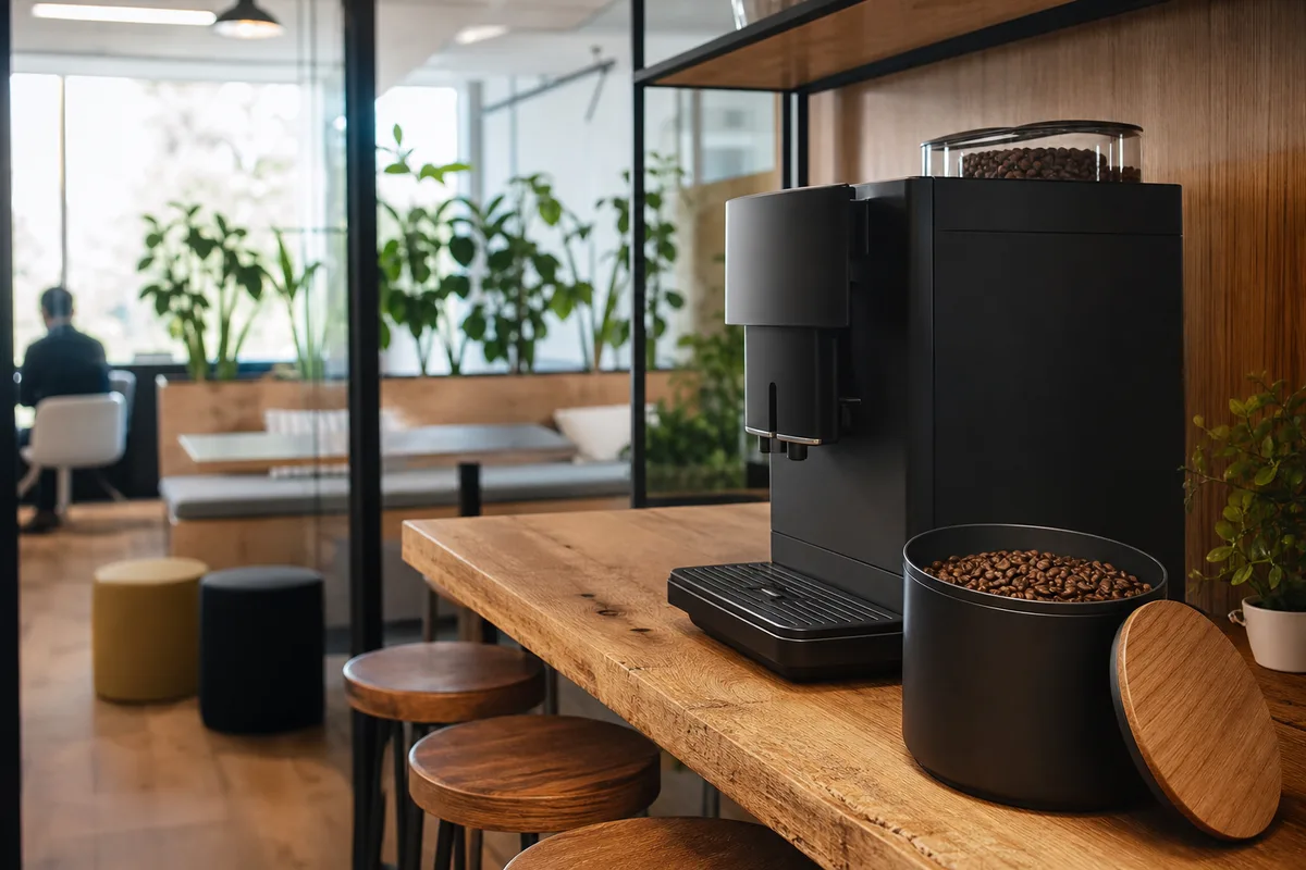 Salle de pause d&rsquo;entreprise avec machine à café à grain sur un comptoir en bois