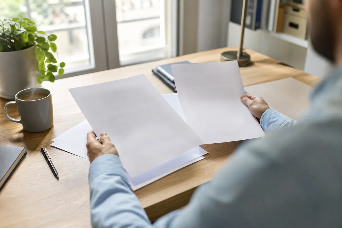 Dirigeant de PME comparant des documents de contrats dans un bureau lumineux