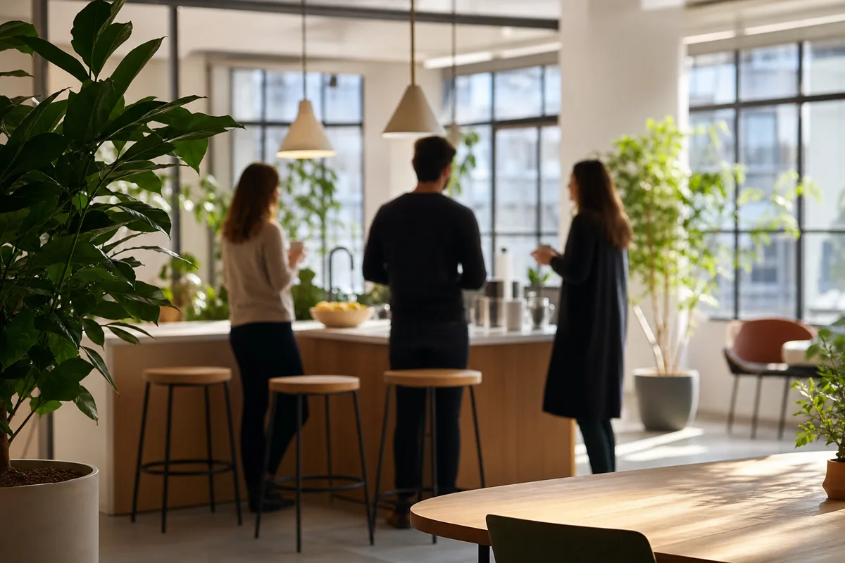Collaborateurs discutant debout autour d&rsquo;un espace café aménagé avec plantes vertes