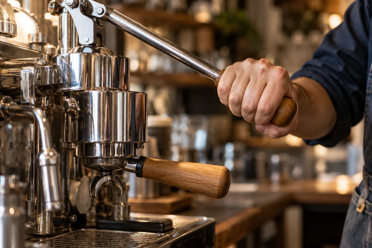 Main d&rsquo;un barista abaissant le levier en métal poli d&rsquo;un groupe d&rsquo;expresso