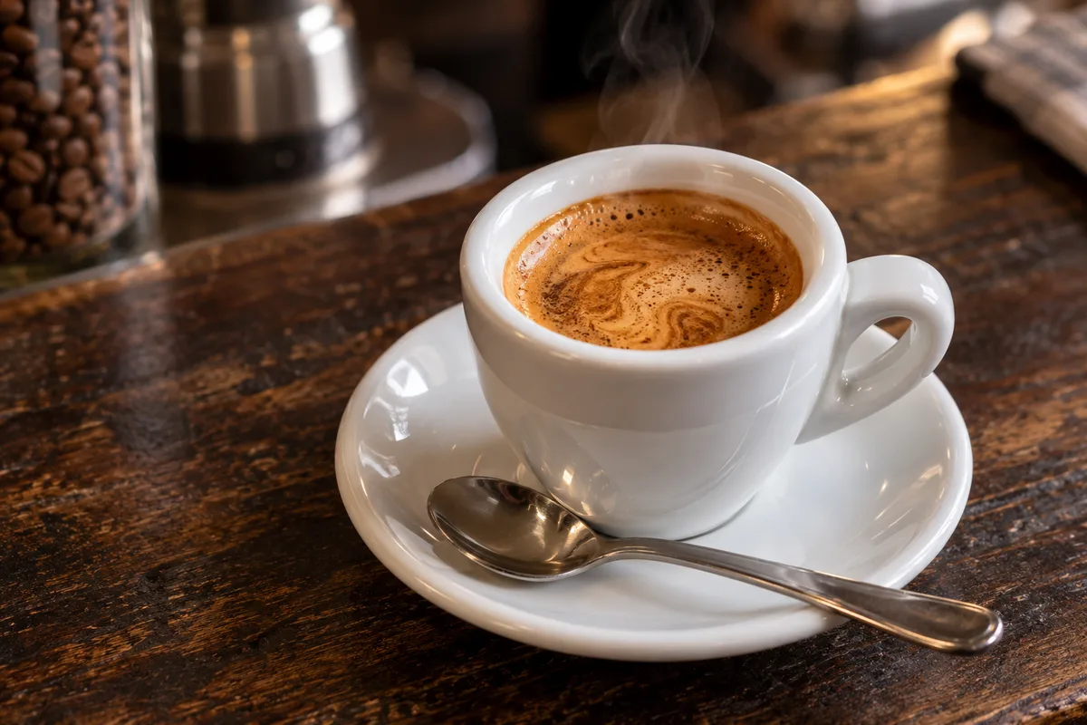 Tasse d&rsquo;expresso à la crème noisette posée sur une soucoupe blanche