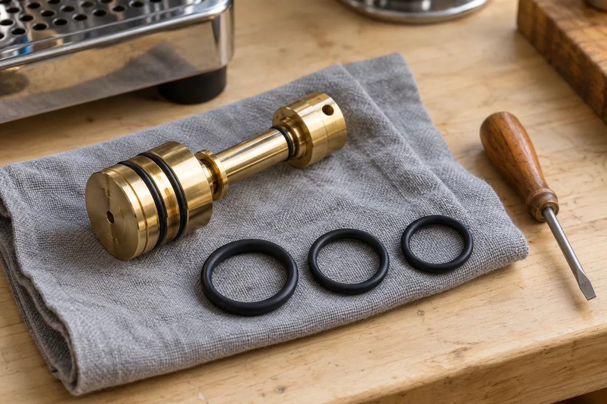 Piston de groupe en laiton démonté et joints circulaires noirs sur un chiffon gris