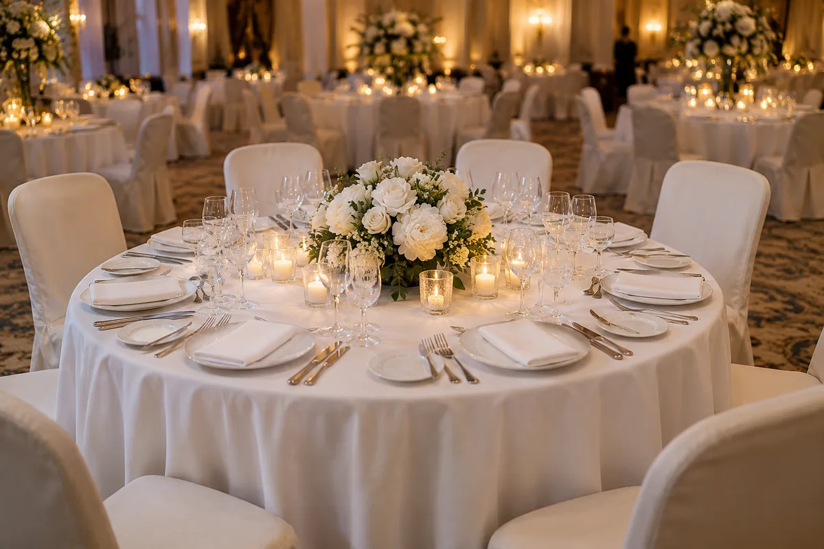 Table de dîner de gala dressée avec centres de table de fleurs blanches et chaises vides