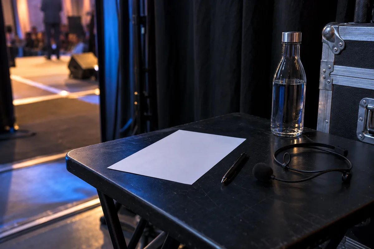 Coulisses d&rsquo;un événement avec feuille de route retournée et casque-micro posés sur une table