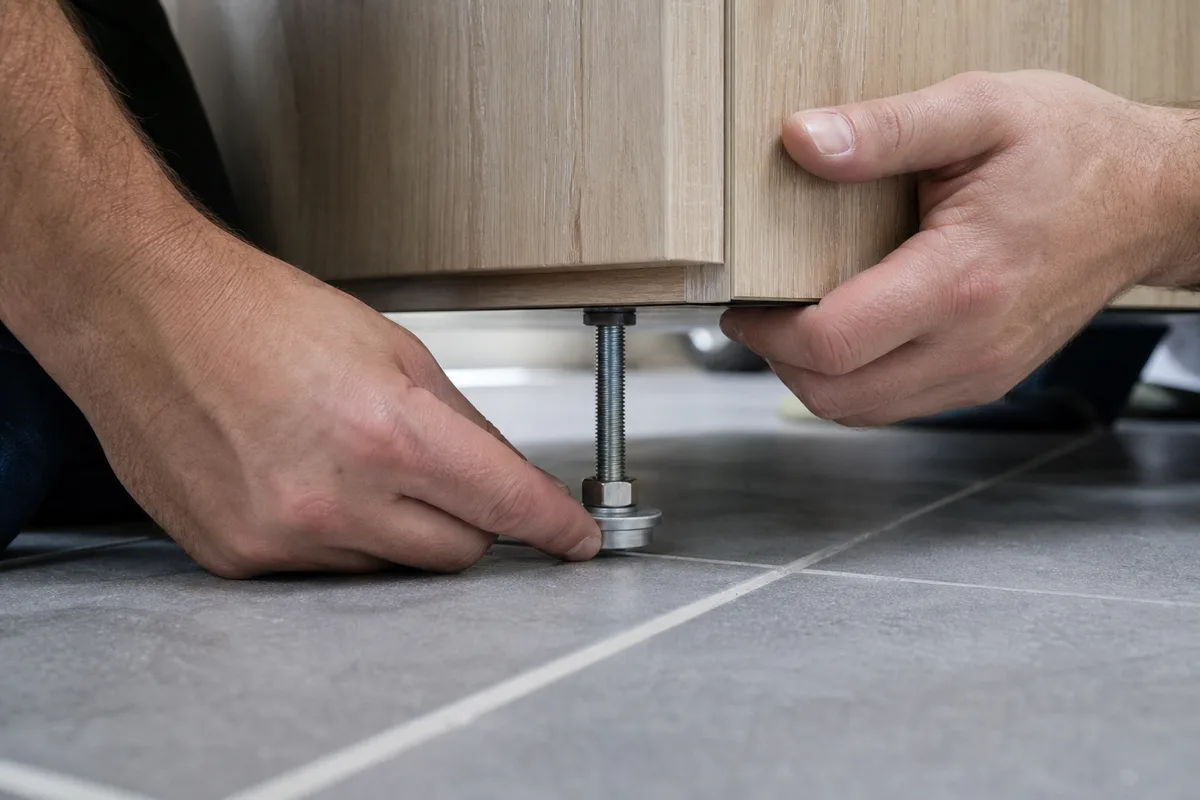 Mains réglant un pied métallique sous un caisson bas en bois clair posé sur un sol carrelé
