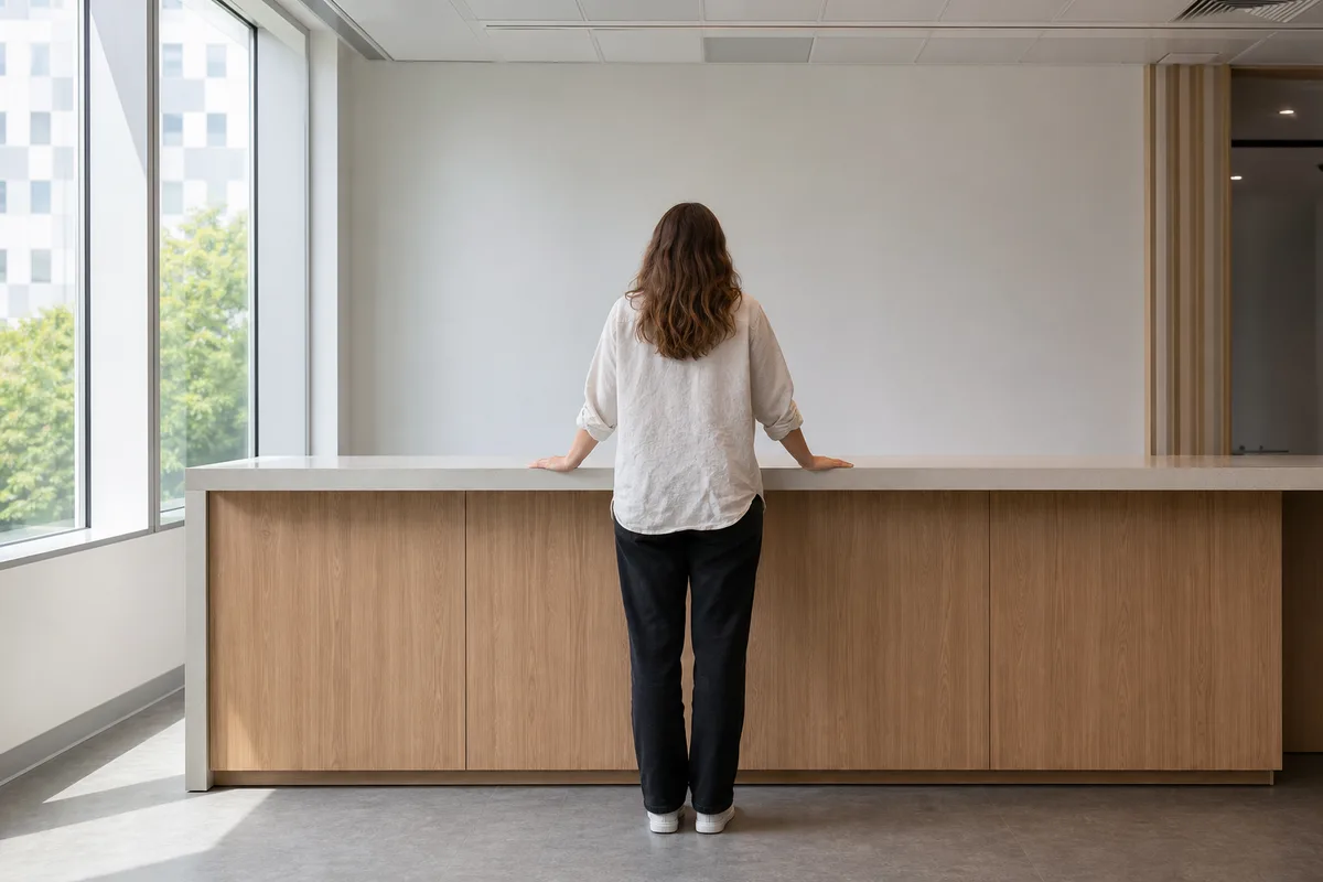 Silhouette de dos debout devant un plan de travail vide dans une salle de pause, fenêtre latérale