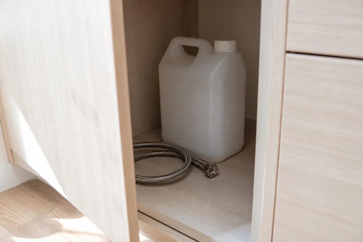 Bidon en plastique fermé et flexible tressé posés dans le caisson ouvert d&rsquo;un meuble bas