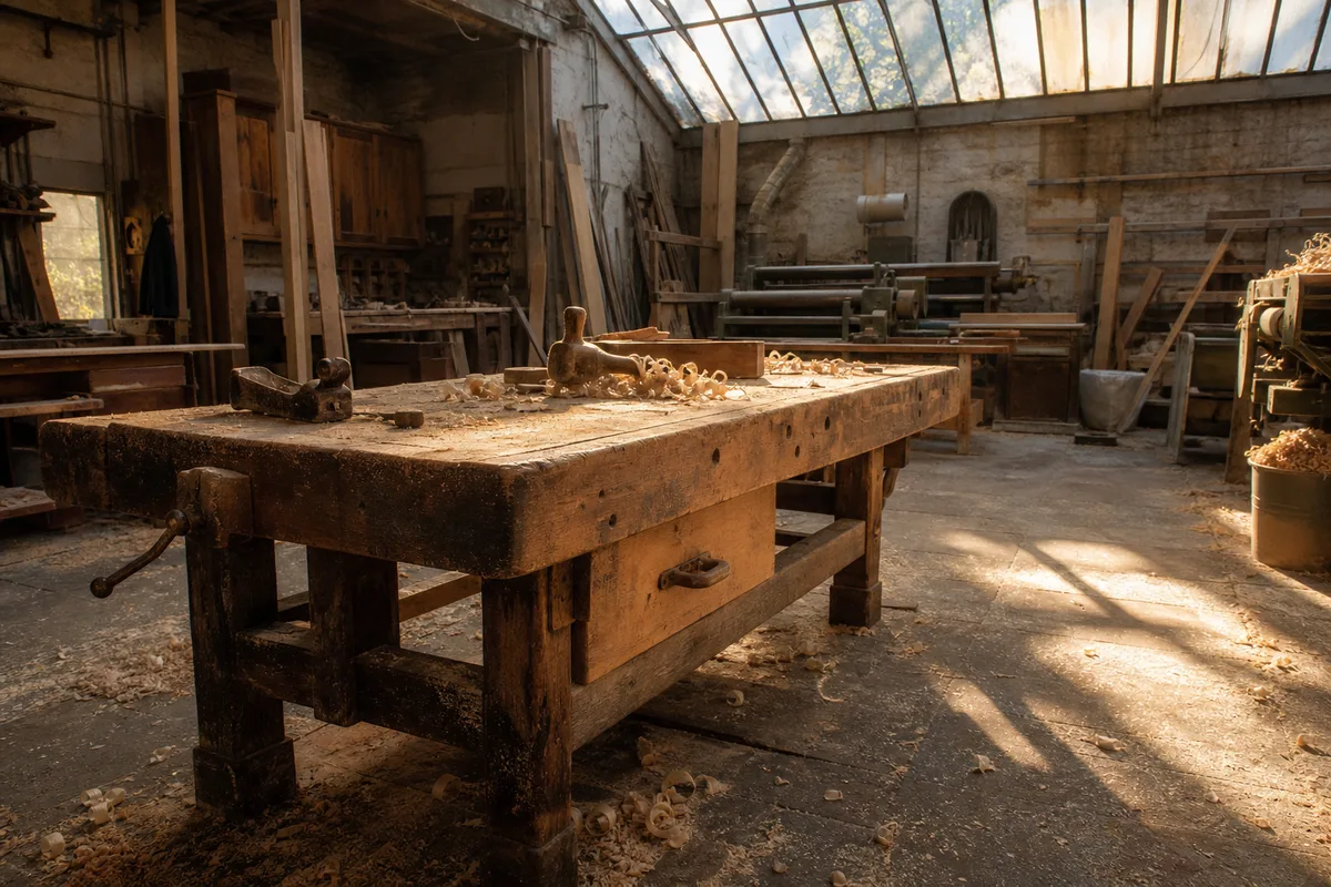 Atelier de menuiserie française vide en fin de journée, établi en bois et copeaux au sol