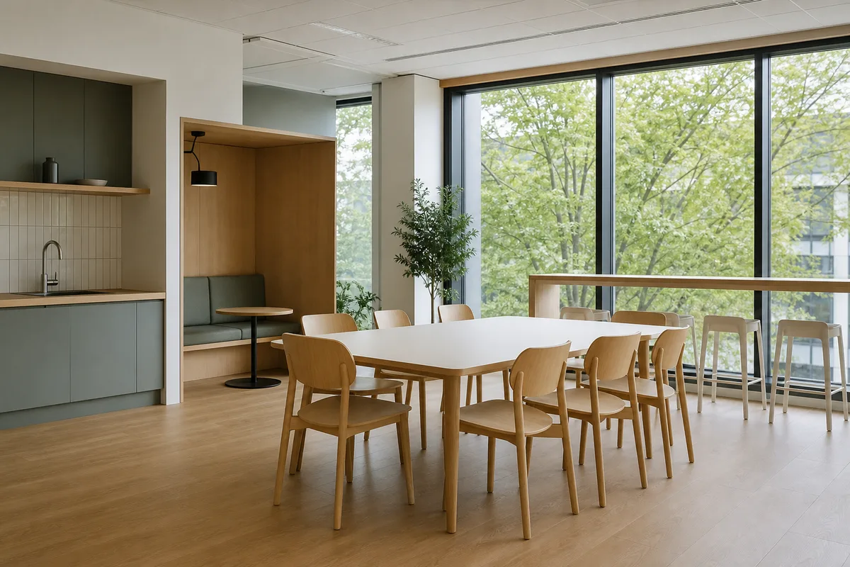 Salle de pause d’entreprise déserte, chaises en bois et lumière naturelle sur un plan de travail vide