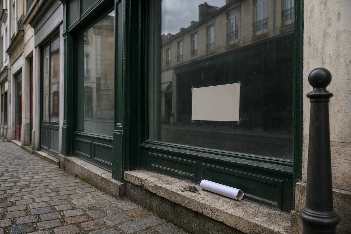 Vitrine vide d’un local commercial en centre-ville avec panneau de location et clés posées sur le rebord