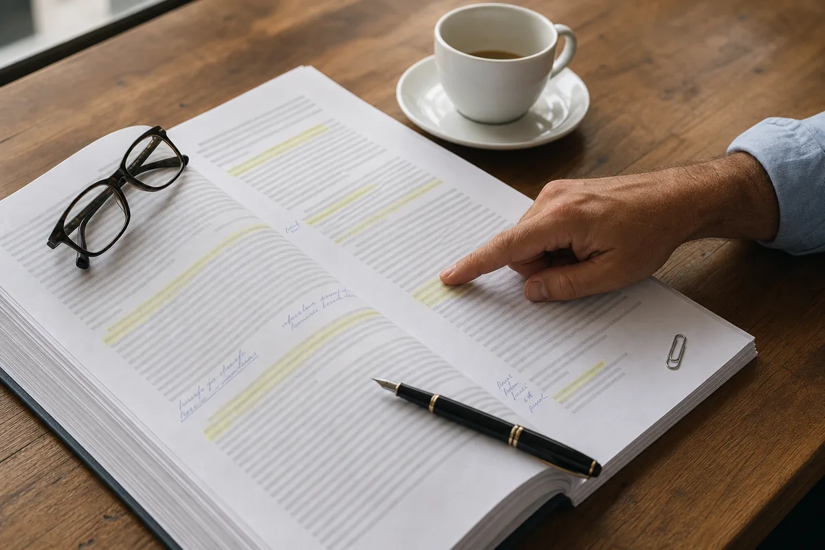 Contrat de bail commercial annoté au stylo avec clauses surlignées sur une table de bureau