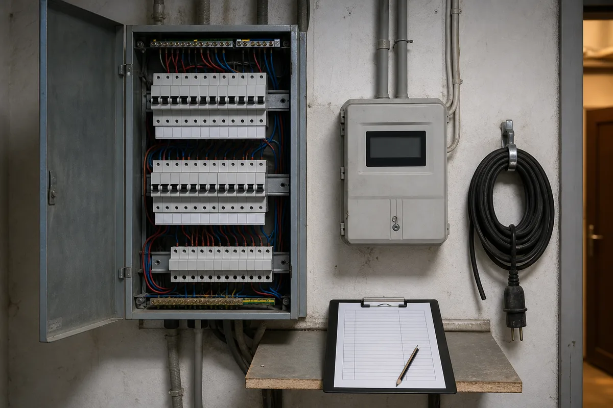 Compteur électrique et tableau technique dans le local d’une petite entreprise, relevé de consommation en cours