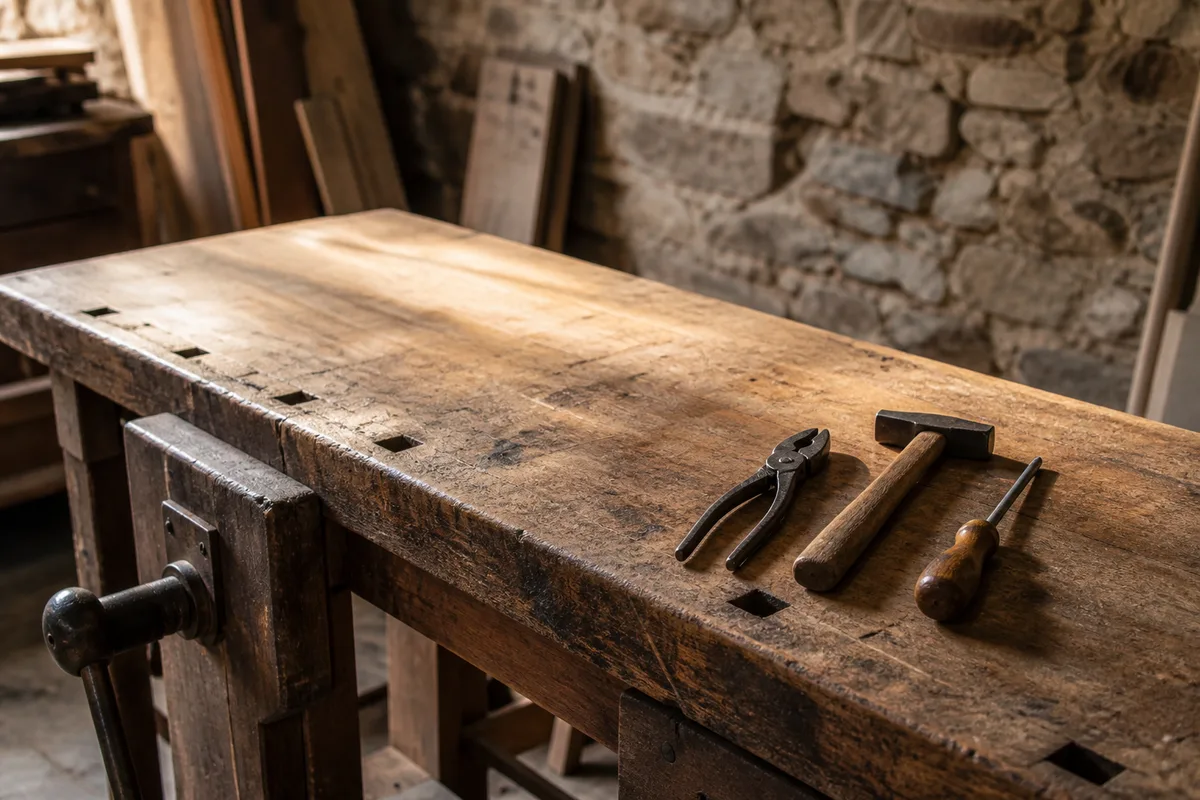 Atelier français baigné de lumière naturelle, établi en bois nu et outils à main rangés