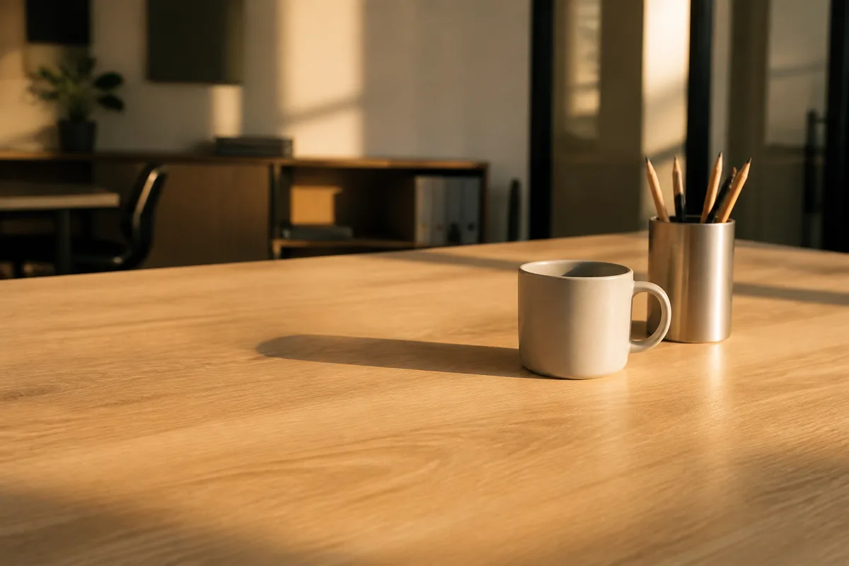Plan de travail en bois clair dans un bureau français, lumière rasante de fin de journée
