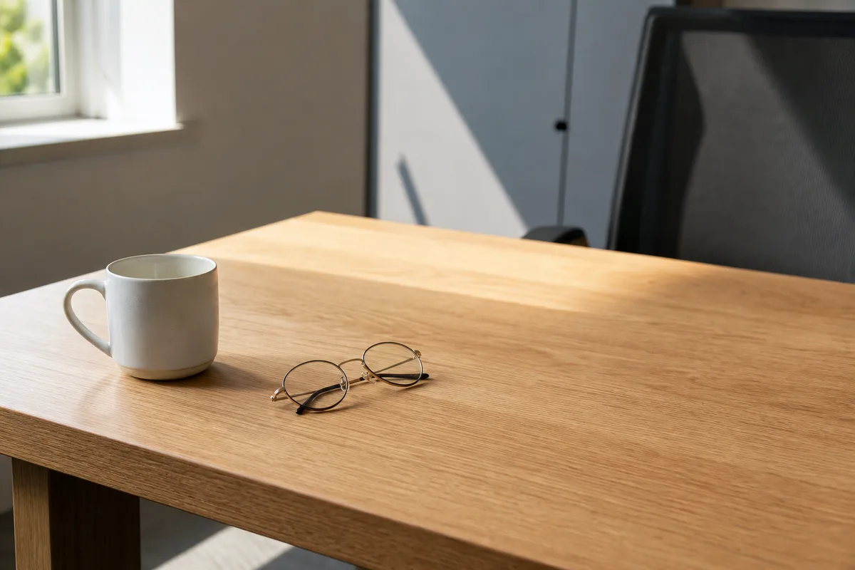 Plan de travail en chêne clair dans le bureau d&rsquo;une petite entreprise française, lumière naturelle rasante venant d&rsquo;une fenêtre latérale