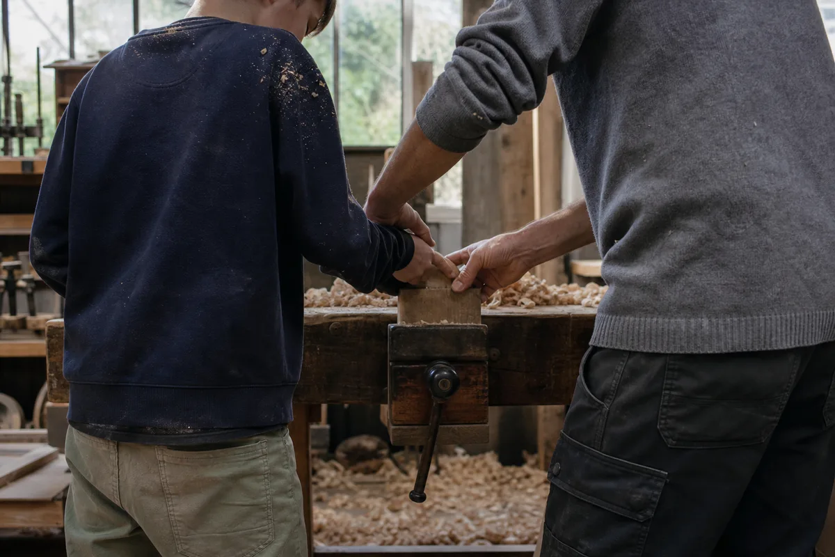 Atelier de menuiserie en France, un artisan de dos guidant la main d&rsquo;une personne plus jeune sur une pièce de bois brut, copeaux au sol, lumière diffuse par une verrière
