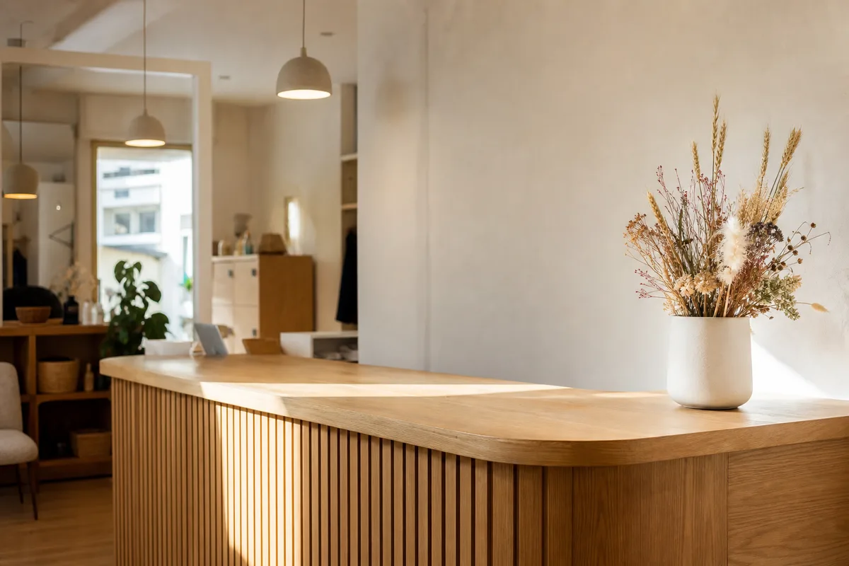 Comptoir d&rsquo;accueil en bois clair d&rsquo;une petite entreprise, vase de fleurs séchées, lumière naturelle latérale