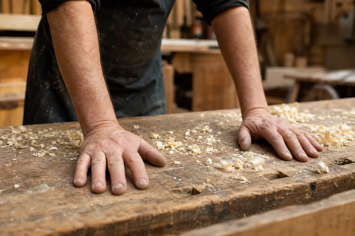 Mains d&rsquo;un artisan posées à plat sur un établi en bois usé, copeaux clairs autour, lumière naturelle diffuse