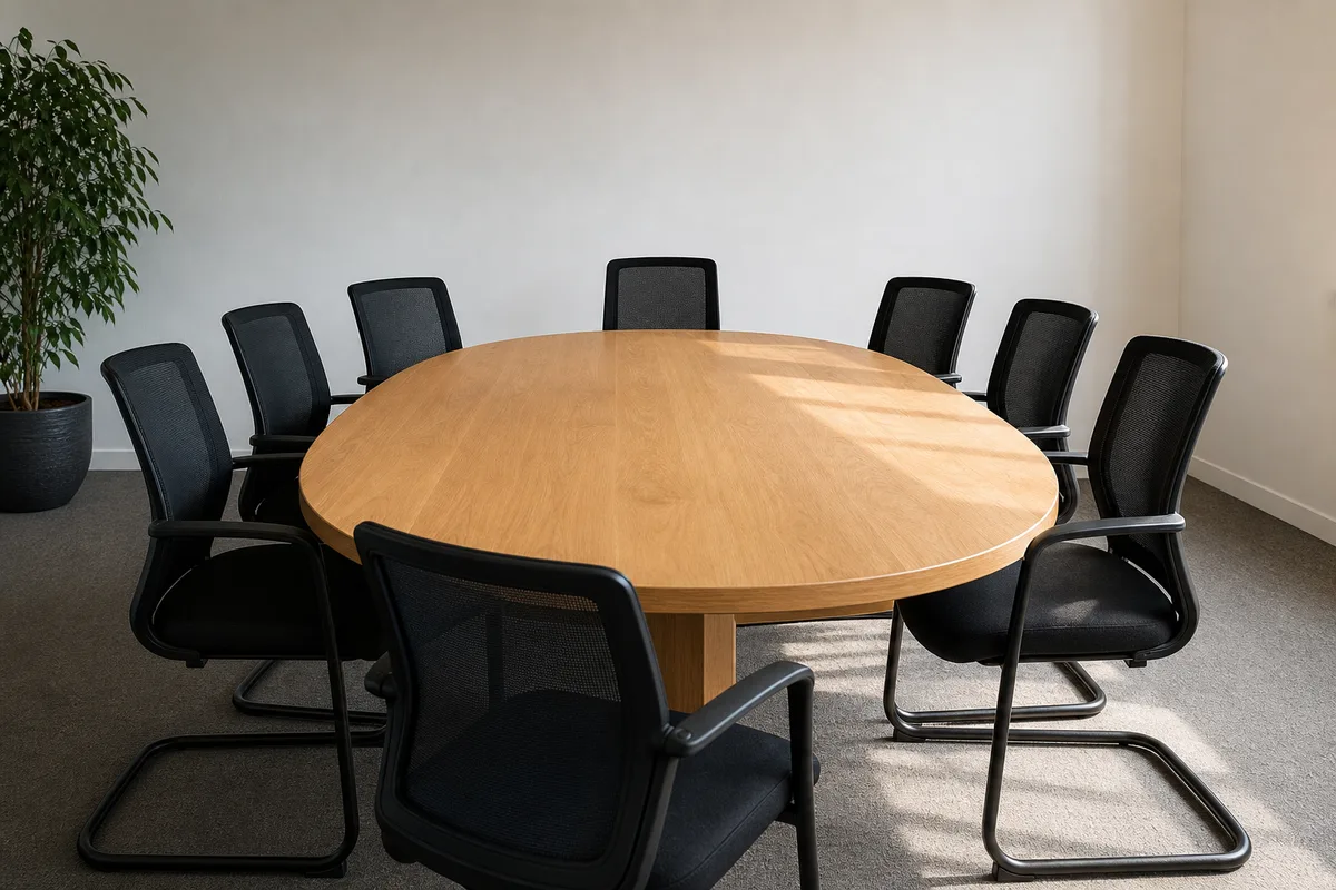 Salle de réunion vide d&rsquo;une PME, table ovale en chêne et chaises alignées, lumière du matin